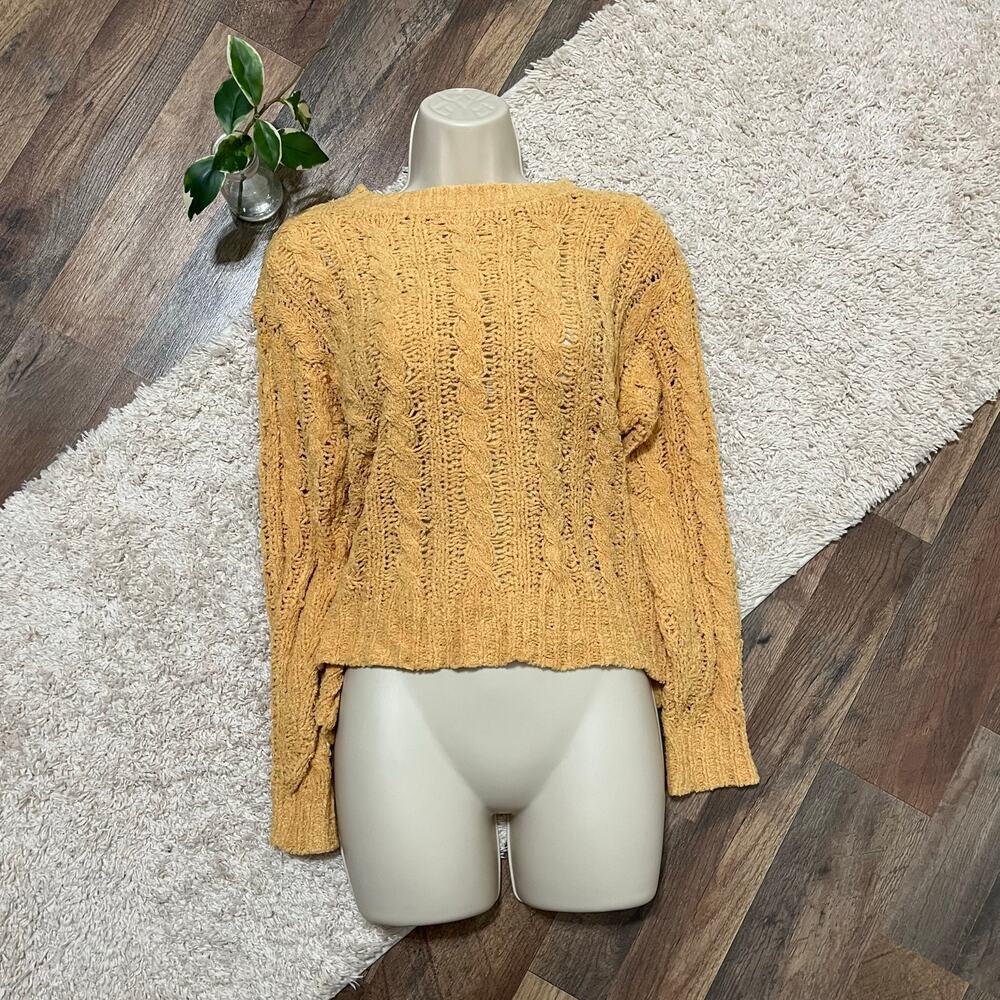 American Eagle Size XS Mustard Yellow Chenille Crewneck Cable Knit Sweater